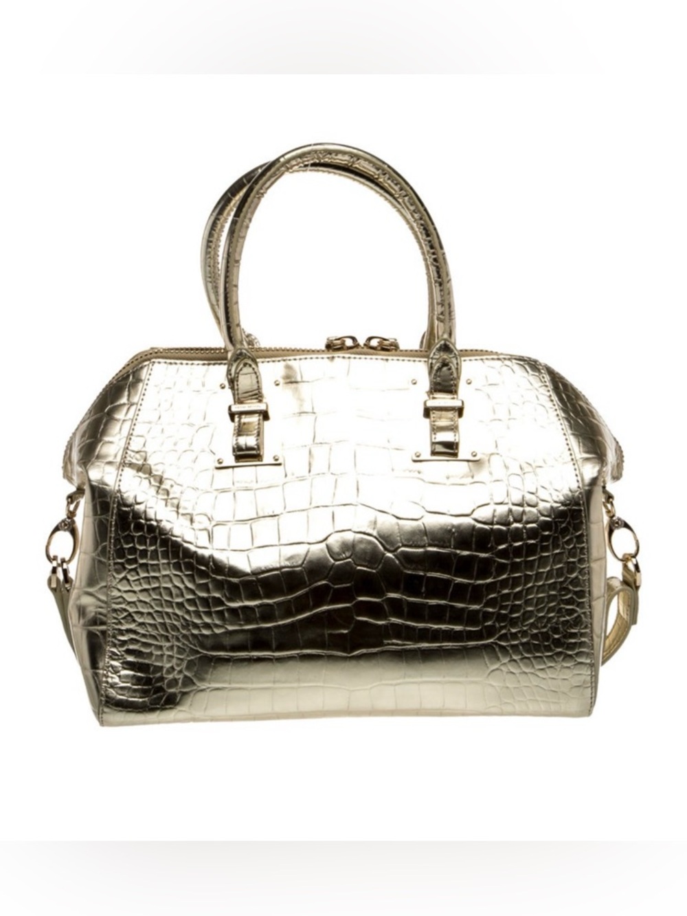 Henri Bendel Large Metallic Gold Croc-Embossed Satchel Handbag! W dust bag! - Picture 3 of 5